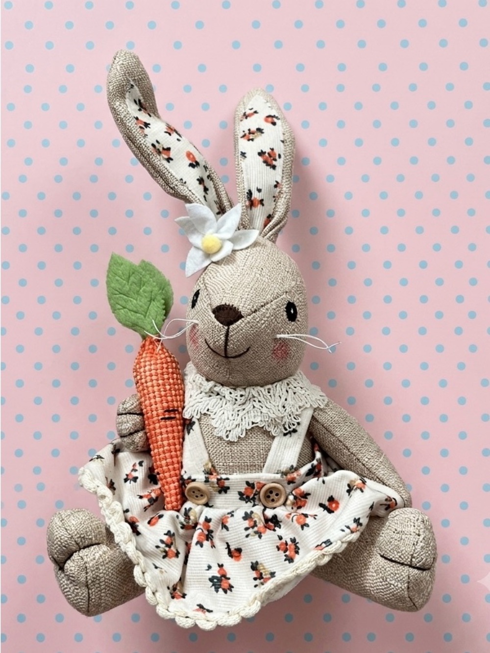 Easter Farmhouse Stuffed Bunny Doll with Floral Dress and Carrot